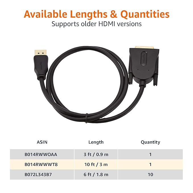 Amazon Basics DisplayPort to DVI Cable Personal Computer - 3 Feet (Black) Amazon Basics DisplayPort to DVI Cable Personal Computer - 3 Feet (Black)